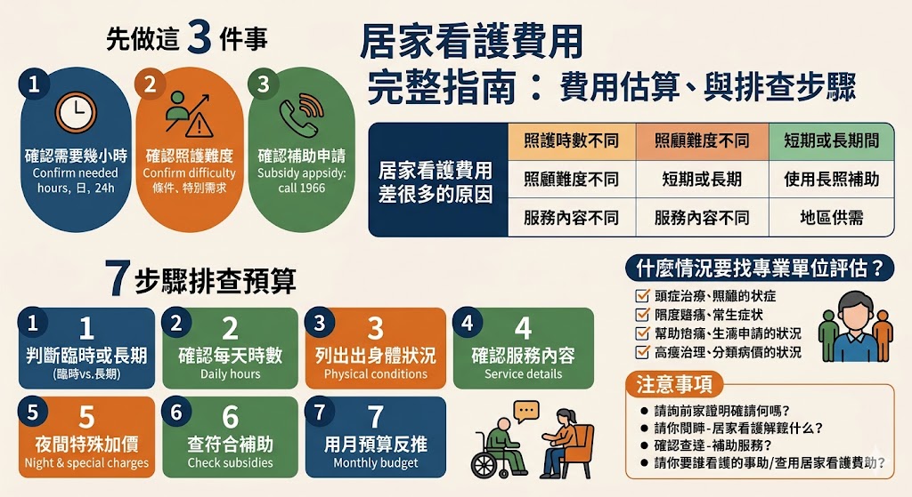 想了解居家看護費用怎麼算？本文整理居家看護費用常見行情、影響價格的原因、12小時與24小時差異、長照補助、自費看護注意事項，並提供詢價前必問清單，幫助家屬快速判斷預算與合適照護方案，避免報價落差與後續費用爭議。