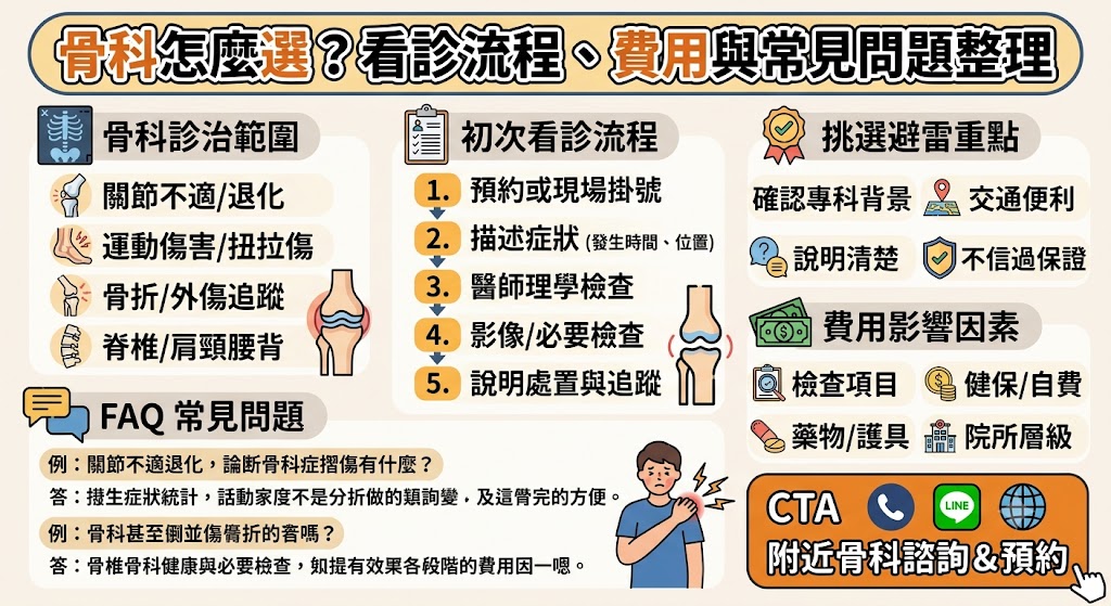 骨科看診前該怎麼準備？本文整理骨科常見服務範圍、初次看診流程、費用影響因素與挑選骨科診所的注意事項，協助民眾了解關節痠痛、運動傷害、跌倒扭傷、肩頸腰背不適等情況，如何找到適合的附近骨科並安排諮詢。