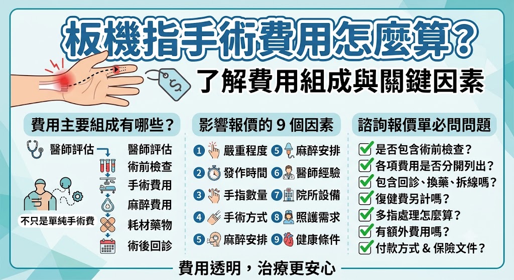 板機指手術費用會受到症狀嚴重度、手術方式、麻醉安排、耗材藥物與術後照護影響。本文整理板機指手術報價單怎麼看、費用組成、預算情境與必問問題，協助第一次諮詢者了解板機指手術價位差異，降低隱藏費疑慮，並準備完整資料向院所索取報價或評估。