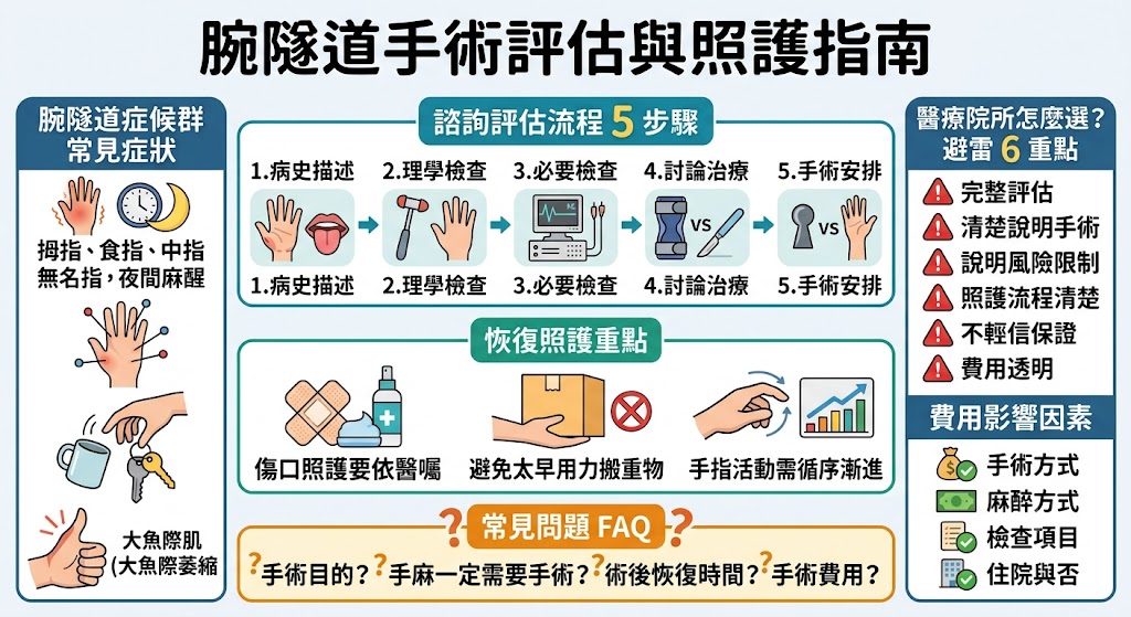 腕隧道手術是許多手麻、刺痛、夜間麻醒或握力下降患者在醫師評估後可能會考慮的治療方式，主要透過鬆解腕部壓迫空間，減少正中神經受到的壓力。本文整理腕隧道手術的適用情況、初次諮詢流程、醫療院所挑選重點、費用影響因素與術後照護注意事項，幫助正在搜尋腕隧道手術資訊的人，先了解評估方向與準備重點，再依個人症狀與檢查結果和專業醫師討論合適治療選擇。